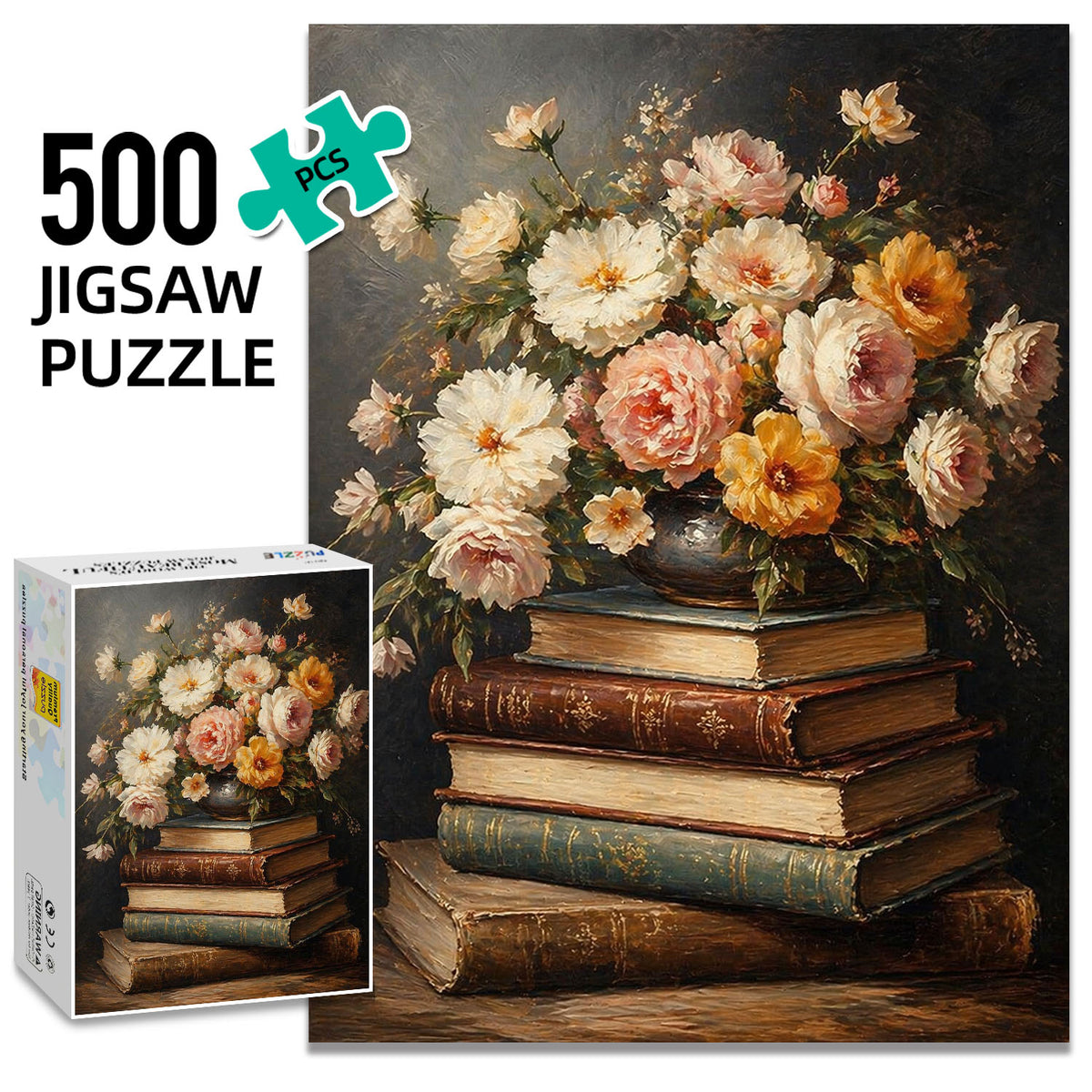 Classic Still Life with Books and Flowers Puzzle 500 Pieces